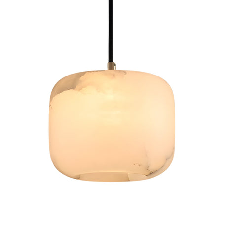 The Calvex 1 Light Small Rounded Alabaster Single Pendant Light features a soft white, marbled alabaster shade and a black cord, offering a modern touch to any space.