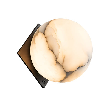 The Oblyra 1 Light Small Angled Plate Alabaster Wall Light features soft white alabaster with natural veining, set on a sleek black square backplate for an elegant, architectural accent.