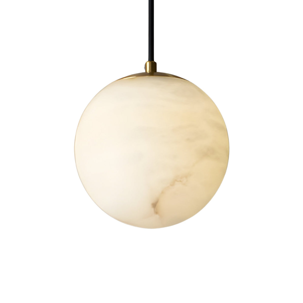 The Lyvane 1 Light Small Globe Alabaster Single Pendant Light in Soft White features a subtly marbled frosted globe, suspended from a black cord and brass fixture, shown against a plain white background.