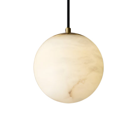 The Lyvane 1 Light Small Globe Alabaster Single Pendant Light in Soft White features a subtly marbled frosted globe, suspended from a black cord and brass fixture, shown against a plain white background.