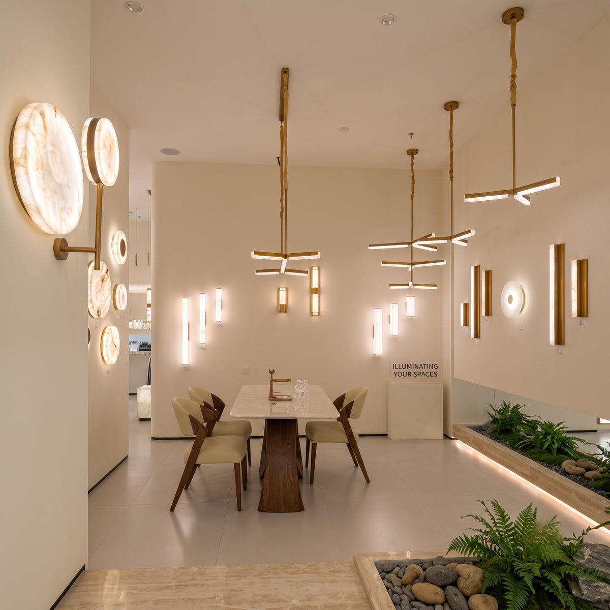 Elvaris LED Small Vertical Alabaster Wall Light in Brushed Brass, shown illuminated on a dining room wall alongside pendant lights and wall art.