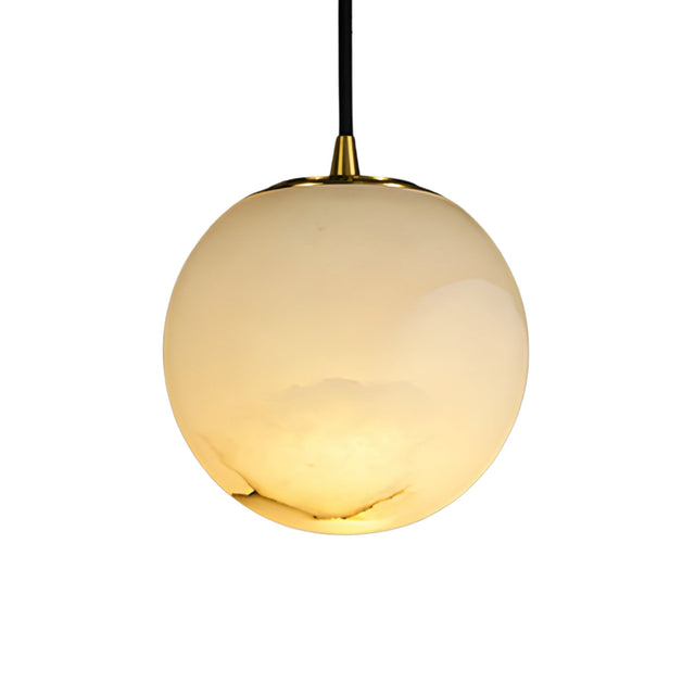 The Lyvane 1 Light Small Globe Alabaster Single Pendant Light features a soft white alabaster globe, smooth surface, and is suspended by a black cord with a gold-colored fixture at the top.