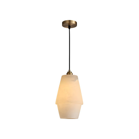 The Bellorin 1 Light Small Alabaster Pendant in soft white and brushed brass features a sleek alabaster shade and brushed brass details, suspended by a black cord from a round ceiling mount, shown against a white background.