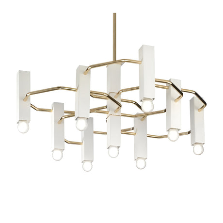 Raster 9 Light Cylinder Chandelier with white painted metal cylinders and gold-finish curved arms, exposed E27 bulbs, shown on a plain white background.