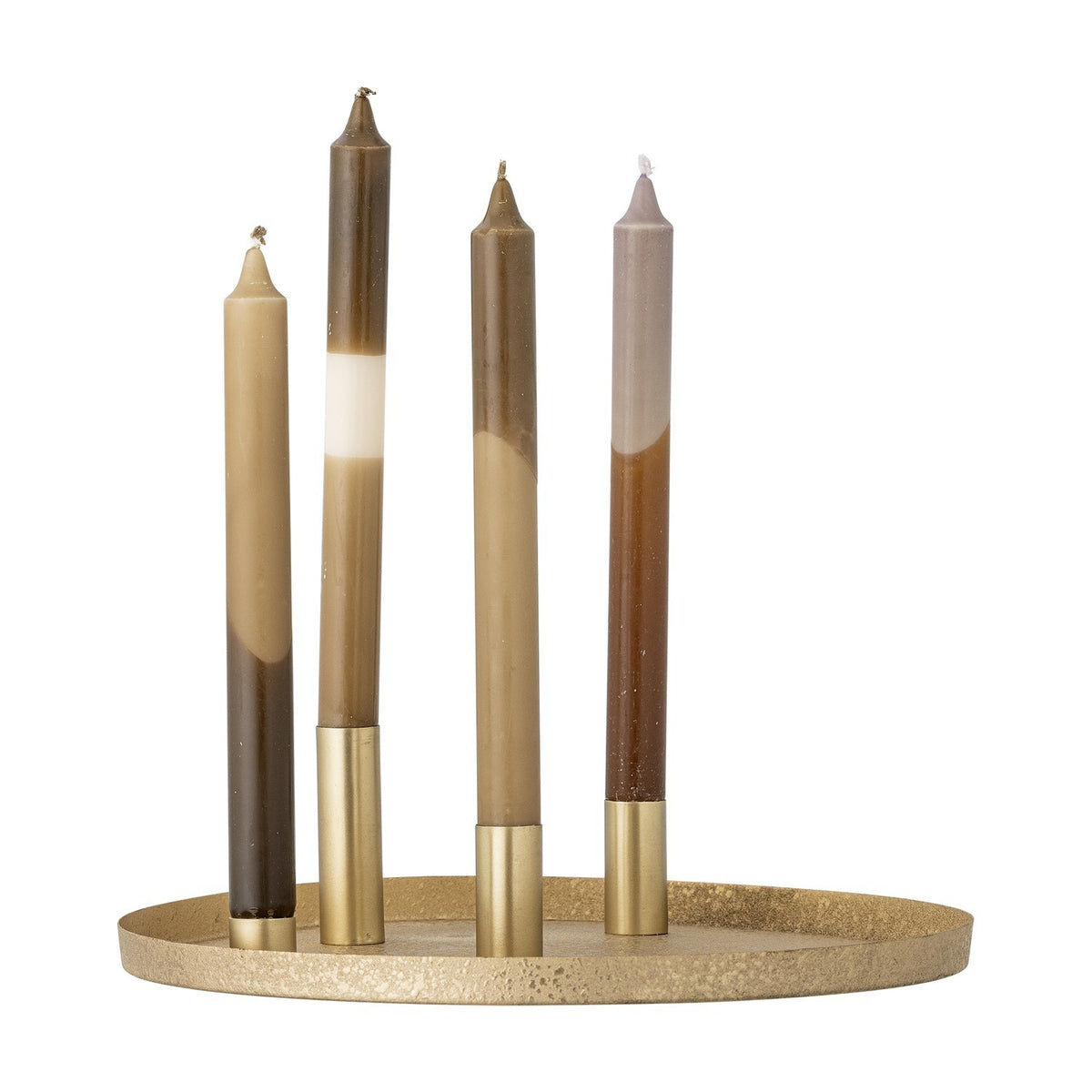 Maxime Iron Christmas Candle Holders set in gold, round textured tray holding four slim brass tube holders with tapered candles in brown, beige, and grey shades, shown on a white background.