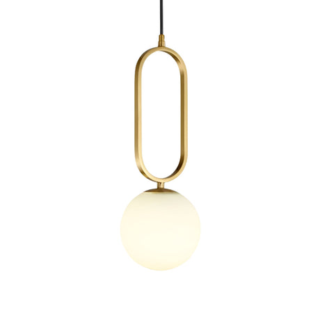 The Orvyn 1 Light Small Globe Alabaster Single Pendant Light in soft white and brushed brass features a frosted glass globe suspended at the base of an oval brass frame, hanging elegantly from a black cord against a white background.
