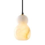 The Orlune LED Sculpted Pear Alabaster Single Pendant Light features a double-gourd shape and a soft white alabaster shade with subtle marbling, glowing warmly while suspended from a slender black cord.