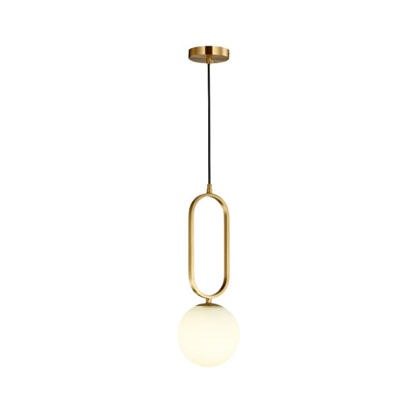 The Orvyn 1 Light Small Globe Alabaster Single Pendant Light features a soft white alabaster globe and brushed brass frame, creating a modern look suspended elegantly from the ceiling.