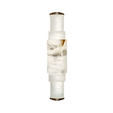 The Aurelia LED Alabaster Wall Light – Soft White features a sleek cylindrical design with frosted white and marbled glass, metallic top and bottom accents, and is perfect for modern interiors.