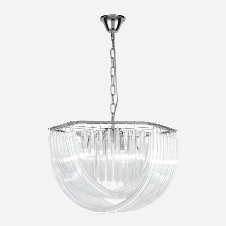 The Murano 6 Light Crystal Chandelier - Chrome is a modern and elegant lighting fixture, suspended by a chain. It showcases curved clear glass rods in a cascading design, exuding Art Deco elegance against a plain background.