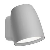 Nut A/01 outdoor wall light in grey, featuring a rounded bell-shaped aluminium head on a slim rectangular wall plate with integrated LED, shown on a plain white background.