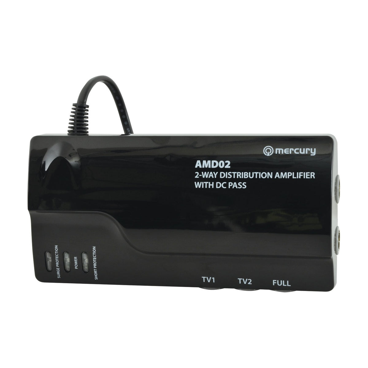 Mercury AMD02 2-way VHF/UHF distribution amplifier in black casing with side F-type coaxial ports, status LEDs, and attached mains cable on a white background.