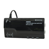 Mercury AMD02 2-way VHF/UHF distribution amplifier in black casing with side F-type coaxial ports, status LEDs, and attached mains cable on a white background.