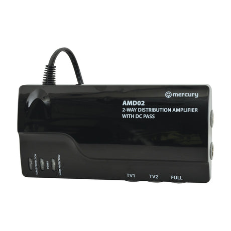 Mercury AMD02 2-way VHF/UHF distribution amplifier in black casing with side F-type coaxial ports, status LEDs, and attached mains cable on a white background.