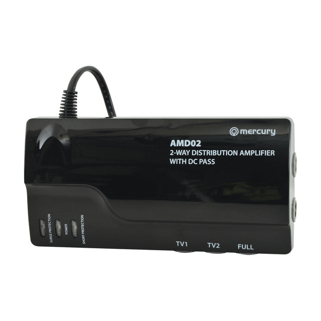 Mercury AMD02 2-way VHF/UHF distribution amplifier in black casing with side F-type coaxial ports, status LEDs, and attached mains cable on a white background.