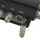 Close-up of the Mercury AMD02 2-way VHF/UHF distribution amplifier by AVSL, showing TV1, TV2 and FULL F-type coaxial ports with an included adaptor.