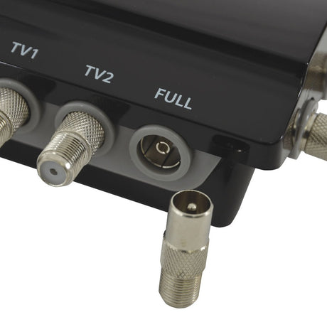 Close-up of the Mercury AMD02 2-way VHF/UHF distribution amplifier by AVSL, showing TV1, TV2 and FULL F-type coaxial ports with an included adaptor.