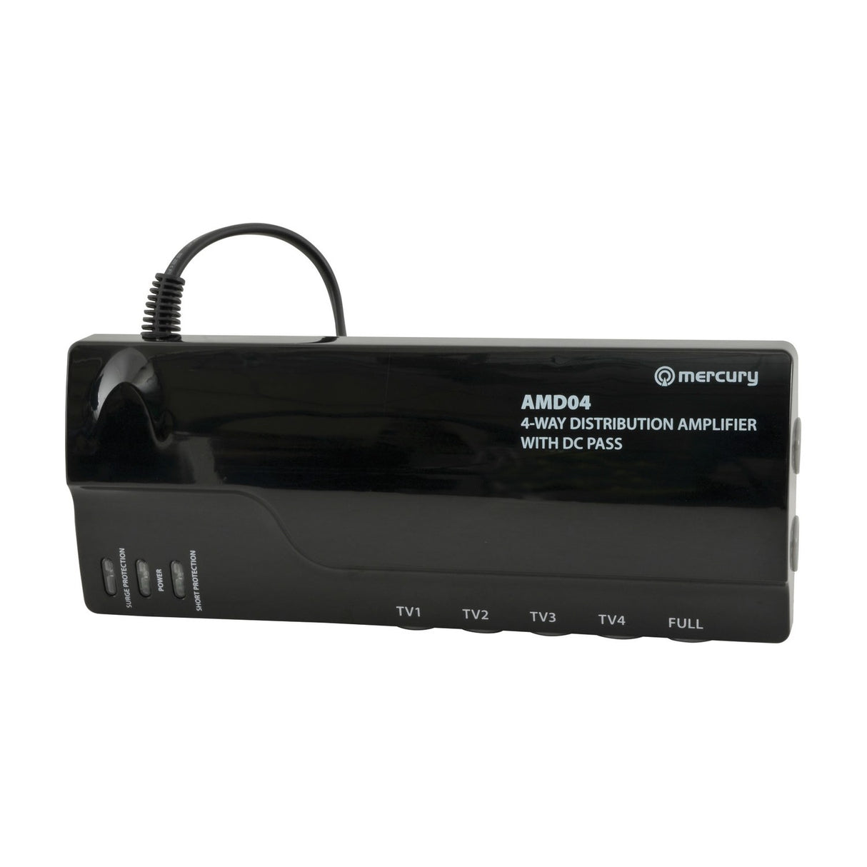 Mercury AMD04 4-way distribution amplifier in black casing with coiled cable, LED indicators, and TV1-TV4 plus Full output ports, shown on a white background.