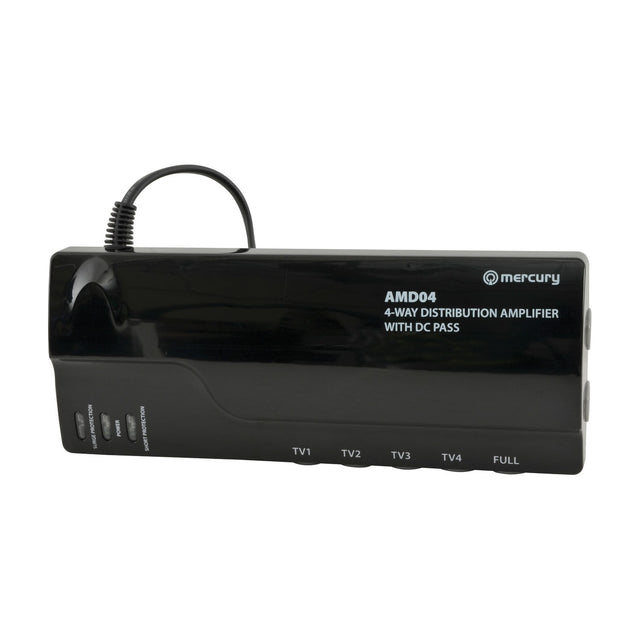 Mercury AMD04 4-way distribution amplifier in black casing with coiled cable, LED indicators, and TV1-TV4 plus Full output ports, shown on a white background.