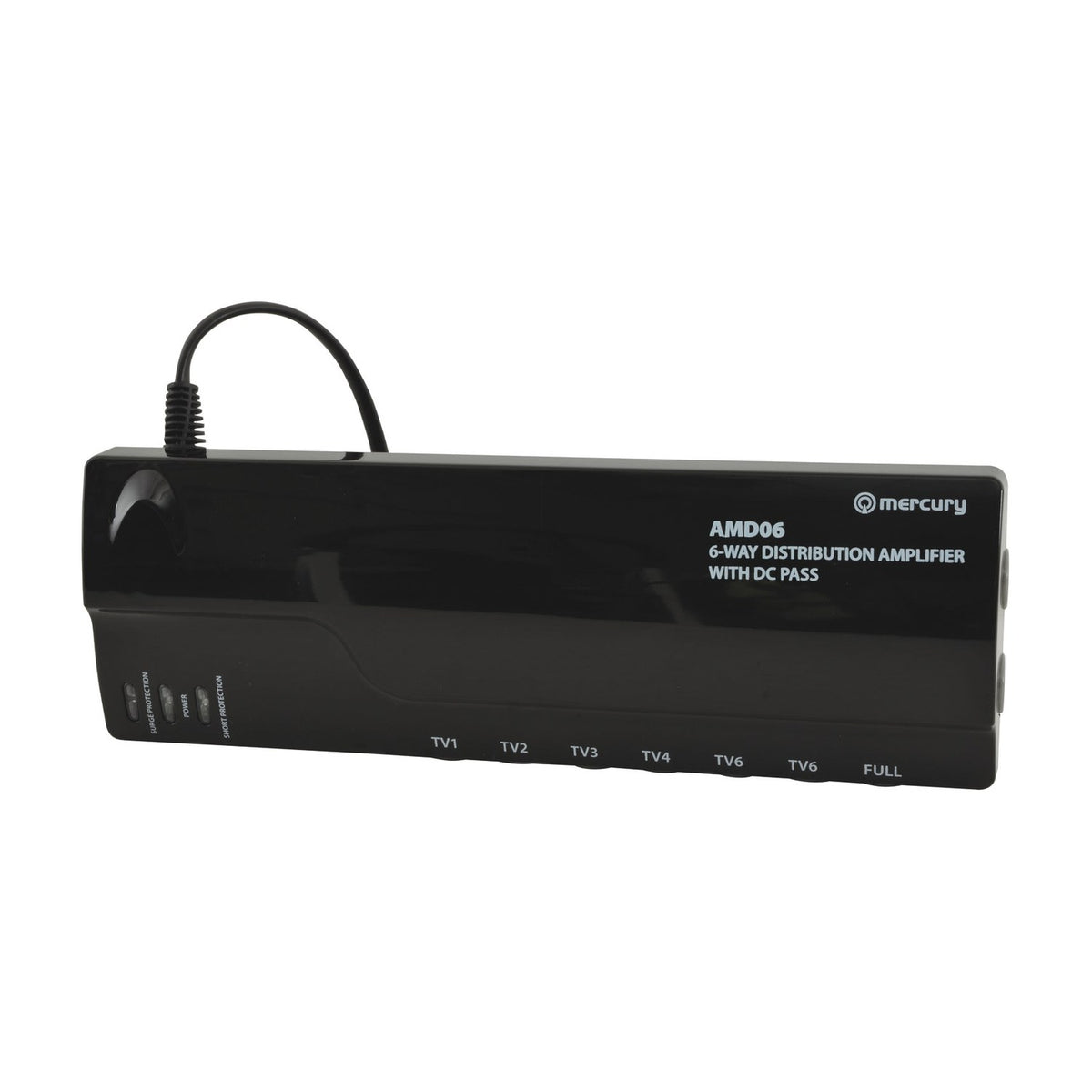 Mercury AMD06 6-way VHF/UHF distribution amplifier in black casing with labelled TV1–TV6 and Full outputs, status LEDs, and attached power lead.