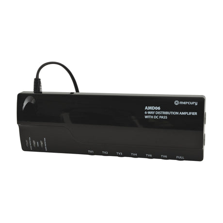Mercury AMD06 6-way VHF/UHF distribution amplifier in black casing with labelled TV1–TV6 and Full outputs, status LEDs, and attached power lead.