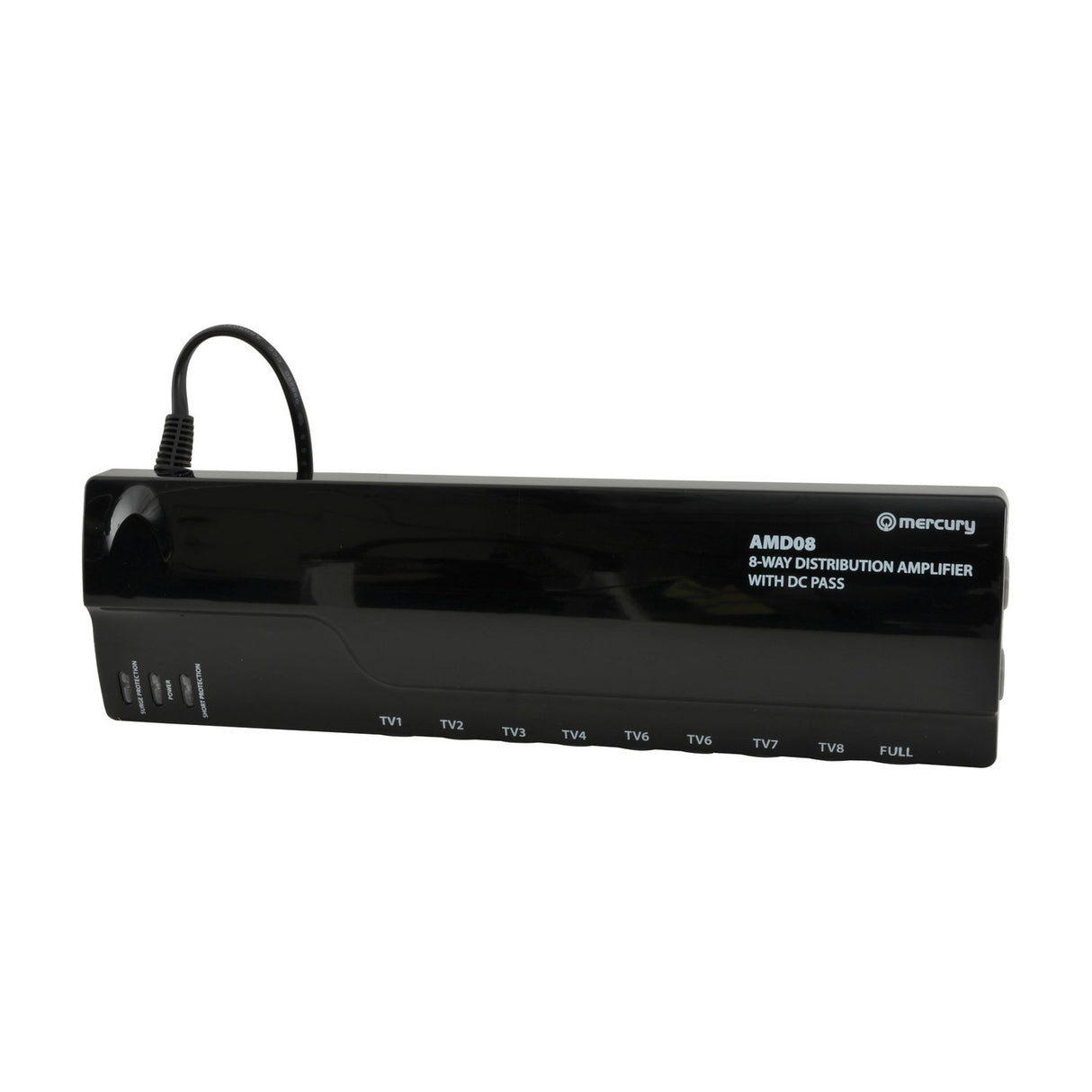 Mercury AMD08 8-way VHF/UHF distribution amplifier in a black casing with labelled TV1–TV8 and Full outputs, power lead attached, on a white background.