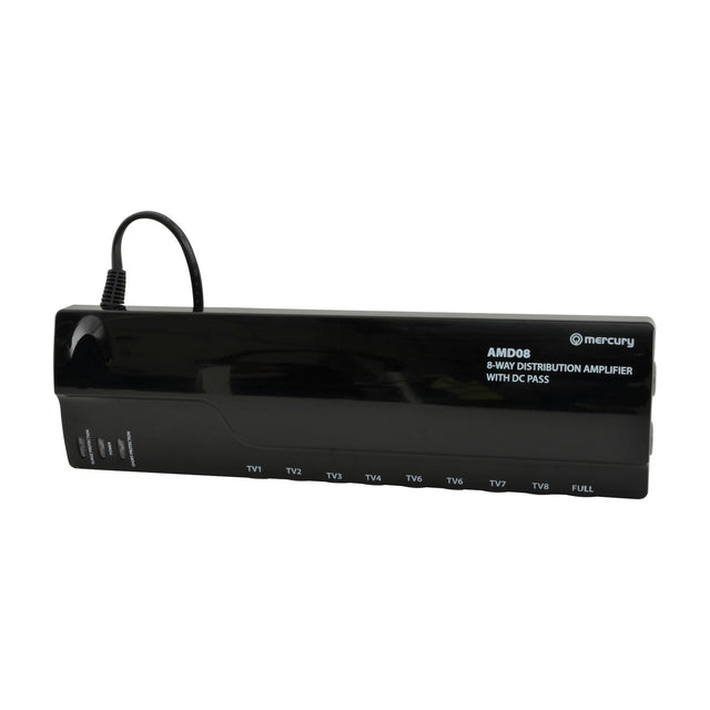 Mercury AMD08 8-way VHF/UHF distribution amplifier in a black casing with labelled TV1–TV8 and Full outputs, power lead attached, on a white background.