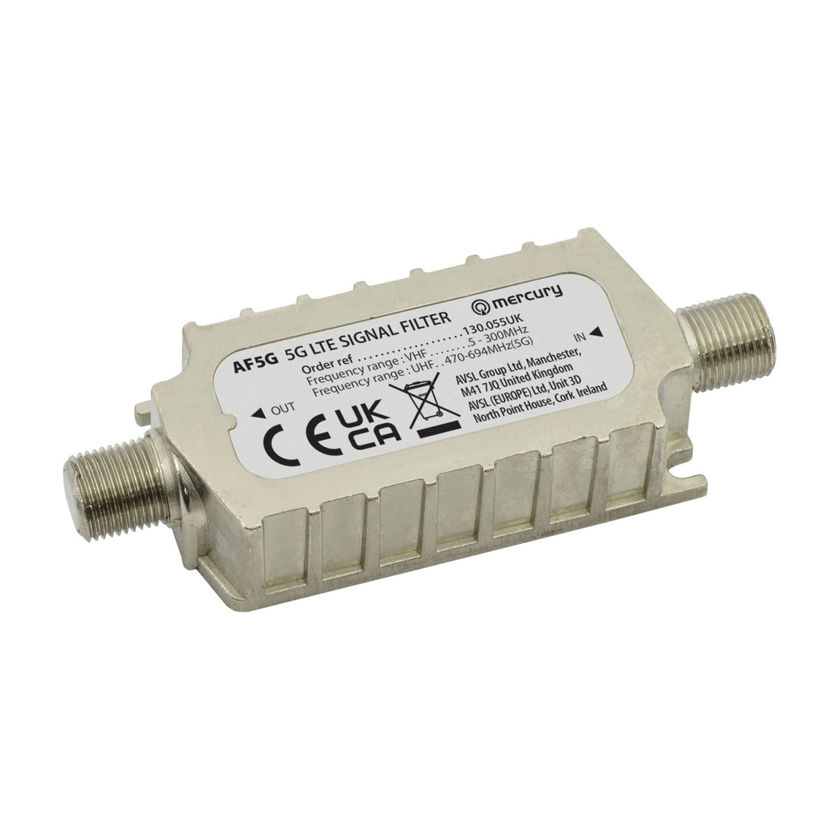 Mercury AF5G 5G LTE in-line aerial filter with shielded metal casing and F-Type IN and OUT connectors at each end, on a plain white background.