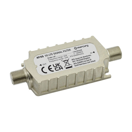 Mercury AF5G 5G LTE in-line aerial filter with shielded metal casing and F-Type IN and OUT connectors at each end, on a plain white background.