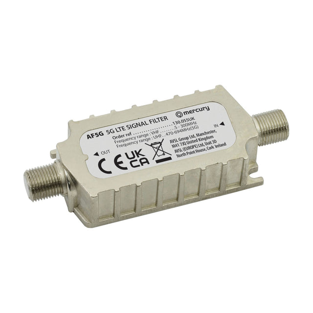 Mercury AF5G 5G LTE in-line aerial filter with shielded metal casing and F-Type IN and OUT connectors at each end, on a plain white background.