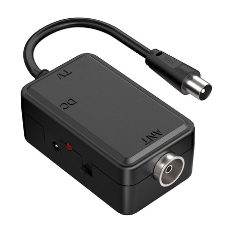 Mercury AUAF-5G USB aerial amplifier in matte black casing with coaxial lead, DC port, on/off switch, red LED, and F-type socket, on white.