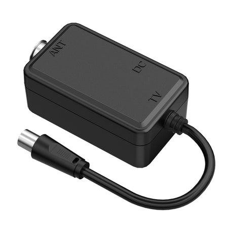 Mercury AUAF-5G USB aerial amplifier by AVSL, a compact black box with ANT, DC and TV labels and an attached coaxial lead, on a white background.