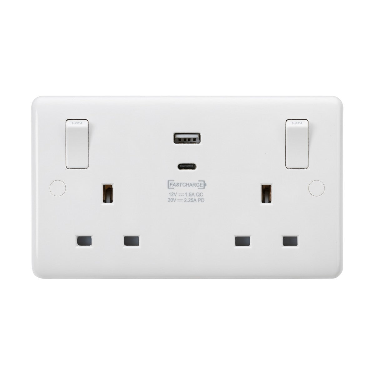 Introducing the 13A 2 Gang SP Switched Socket With Dual USB With Outboard Rockers (Rounded Edge), a stylish white dual electrical wall socket. It features a sleek design with a 7mm plate and a fast-charge USB-C port centrally located, alongside two standard plug outlets. Each outlet is equipped with an easy-to-reach switch positioned above, ensuring both style and functionality in one compact unit.