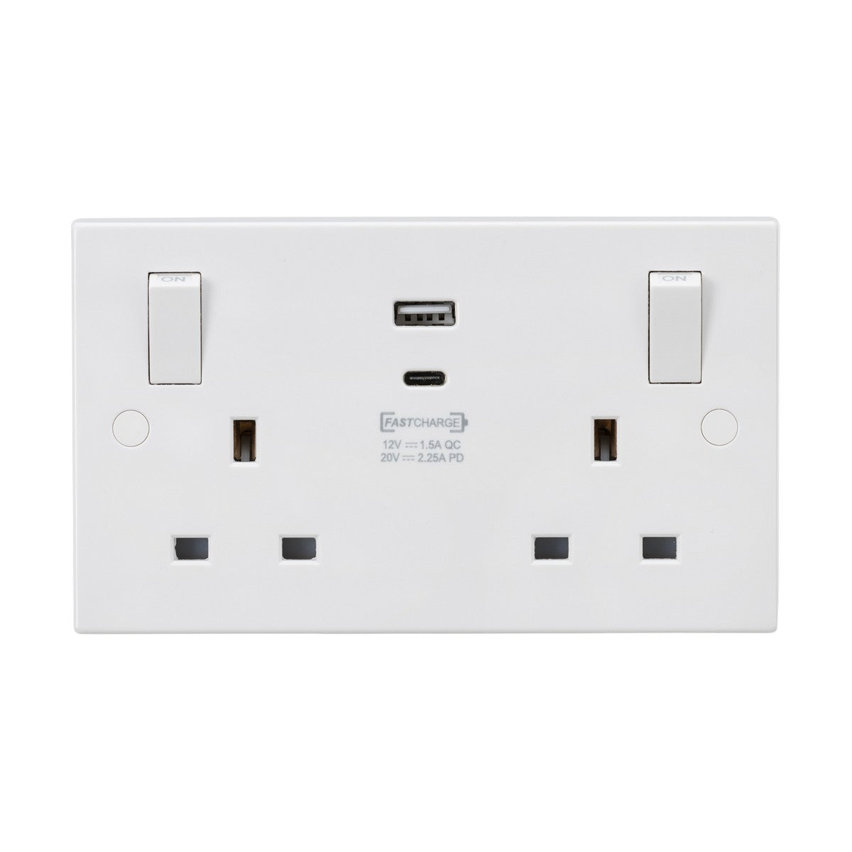 The product is a 13A 2 Gang SP Switched Socket with Dual USB and Outboard Rockers featuring a square edge design. It is a white electrical wall socket that includes two standard UK power outlets, each equipped with its own switch, along with a central dual USB charging port. The EASTON brand is clearly displayed above the USB port, and the socket features anti-microbial properties while mounted on a white surface.