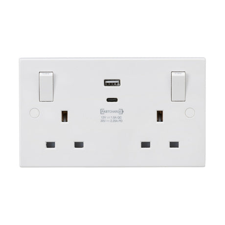 The product is a 13A 2 Gang SP Switched Socket with Dual USB and Outboard Rockers featuring a square edge design. It is a white electrical wall socket that includes two standard UK power outlets, each equipped with its own switch, along with a central dual USB charging port. The EASTON brand is clearly displayed above the USB port, and the socket features anti-microbial properties while mounted on a white surface.