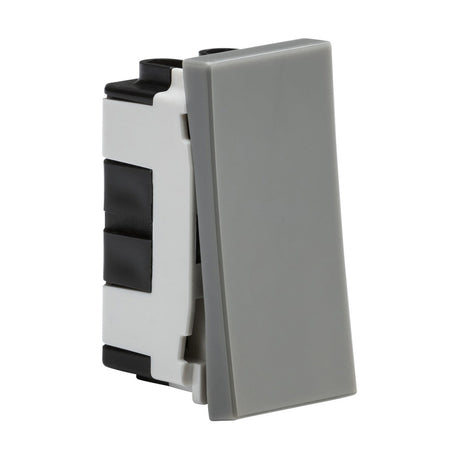 A 20AX 1 Gang 2-Way Modular Switch (25x50mm) in gray, with a slightly tilted design, is shown from an angled side view. The switch is detached from the wall and features a euro modular faceplate and plastic outer casing, revealing its black and white interior components.