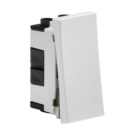 A white, rectangular 20AX 1 Gang 2-Way Modular Switch (25x50mm) is elegantly showcased at an angle on a black base, perfectly compatible with euro modular faceplates.