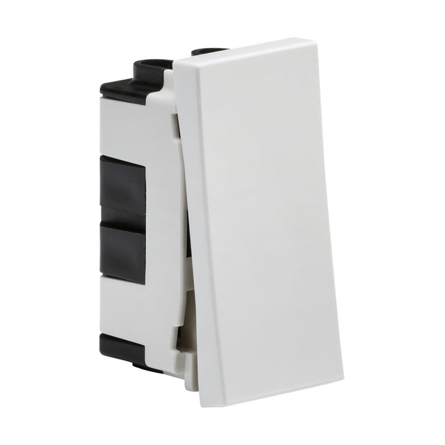 A white, rectangular 20AX 1 Gang 2-Way Modular Switch (25x50mm) is elegantly showcased at an angle on a black base, perfectly compatible with euro modular faceplates.