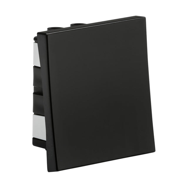 The product depicted is a black, rectangular 20AX 1 Gang Intermediate Modular Wide Rocker Switch (50x50mm) with a minimalist design shown from an angle. It features a smooth surface and three connection ports on the back, making it compatible with euro modular faceplates and ideal for modern interiors.