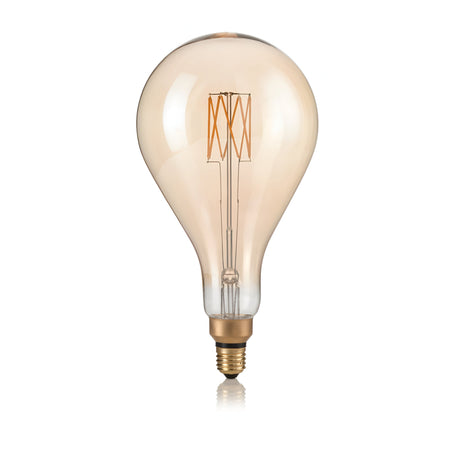 An 8W Non-Dimmable LED Goccia Filament Bulb - Ambler, E27, 2200K, with a vintage amber glow and visible filament, featuring a brass screw base set against a white background.