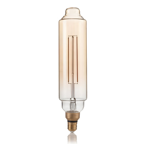The 4W Non-Dimmable LED Tubular Filament Bulb features a vertical, clear design with a visible filament inside. It has an E27 screw base at the bottom and emits a soft, warm light glow at 2200K. The bulb's elongated shape is sleek and minimalist, adding a touch of vintage aesthetic with its amber hue.