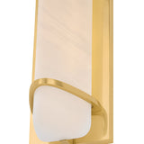 The Averna LED Large Framed Alabaster Wall Light features a soft white alabaster shade and a brushed brass frame, offering clean lines and a minimalist modern design.