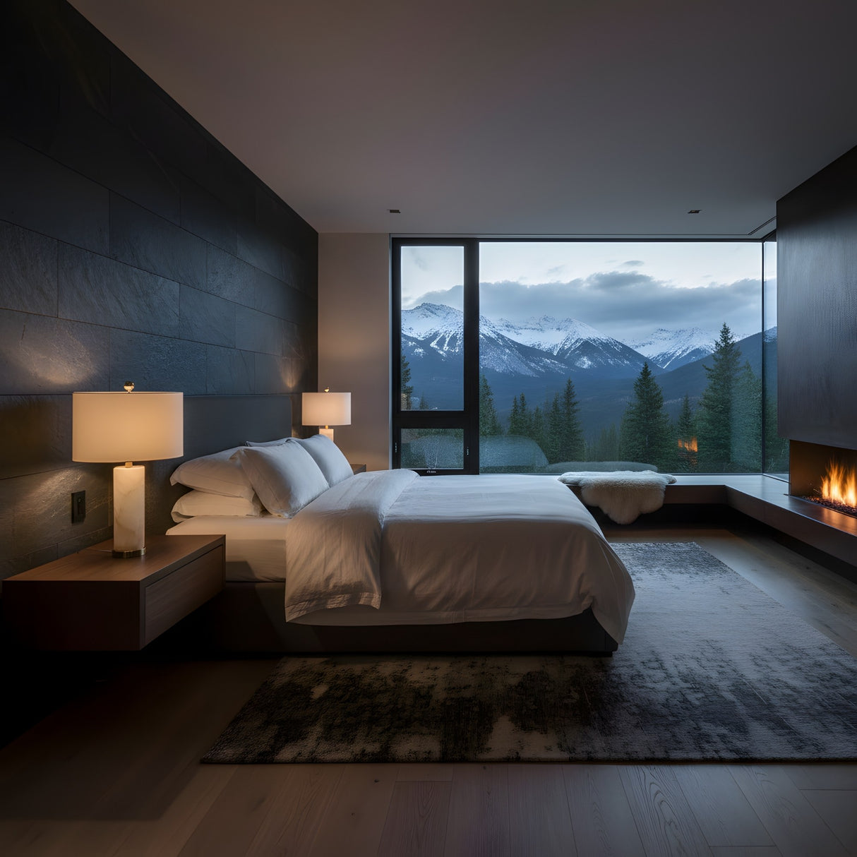 A modern bedroom features a large bed, ambient lighting from bedside lamps—including the Calix 1 Light Faceted Pillar Alabaster Table Lamp in Brushed Brass & Soft White—a fireplace, and floor-to-ceiling windows with snowy mountain views at dusk.