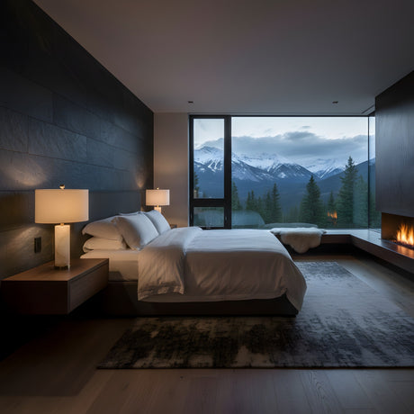 A modern bedroom features a large bed, ambient lighting from bedside lamps—including the Calix 1 Light Faceted Pillar Alabaster Table Lamp in Brushed Brass & Soft White—a fireplace, and floor-to-ceiling windows with snowy mountain views at dusk.