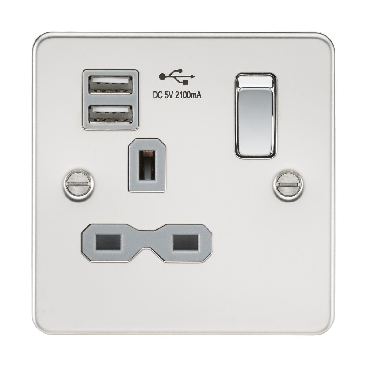 13A 1G SP Switched Socket with Dual USB A+A (5V DC 2.1A shared) - Polished Chrome with Grey Insert