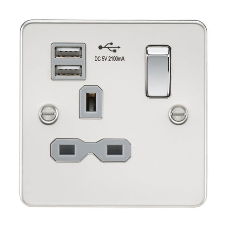 13A 1G SP Switched Socket with Dual USB A+A (5V DC 2.1A shared) - Polished Chrome with Grey Insert