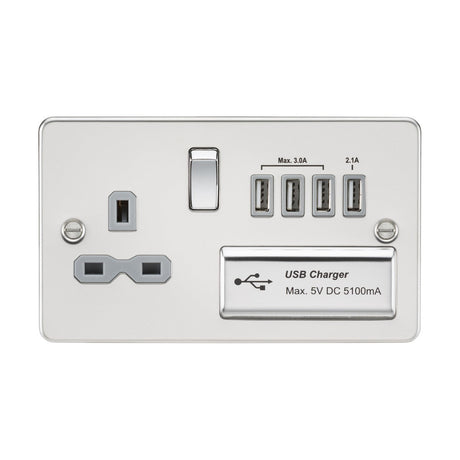 13A Switched Socket with Quad USB-A (5V DC 5.1A shared) - Polished Chrome with Grey Insert