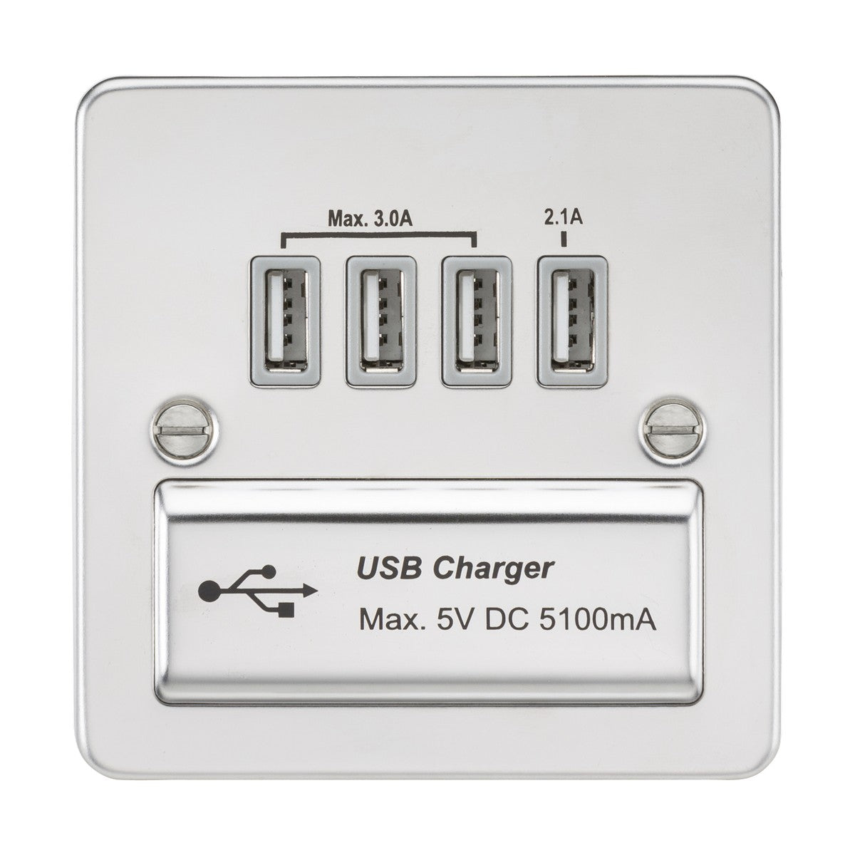 230V Quad USB-A Charger Outlet (5V DC 5.1A shared) - Polished Chrome with Grey Insert