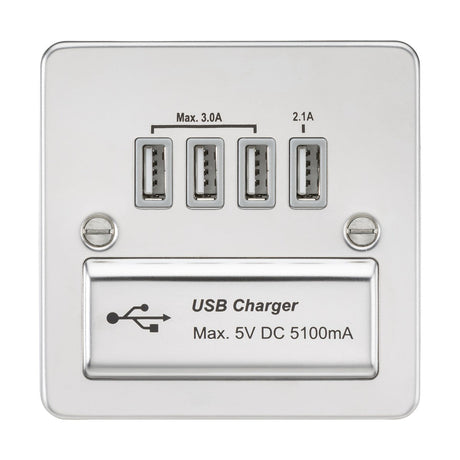 230V Quad USB-A Charger Outlet (5V DC 5.1A shared) - Polished Chrome with Grey Insert