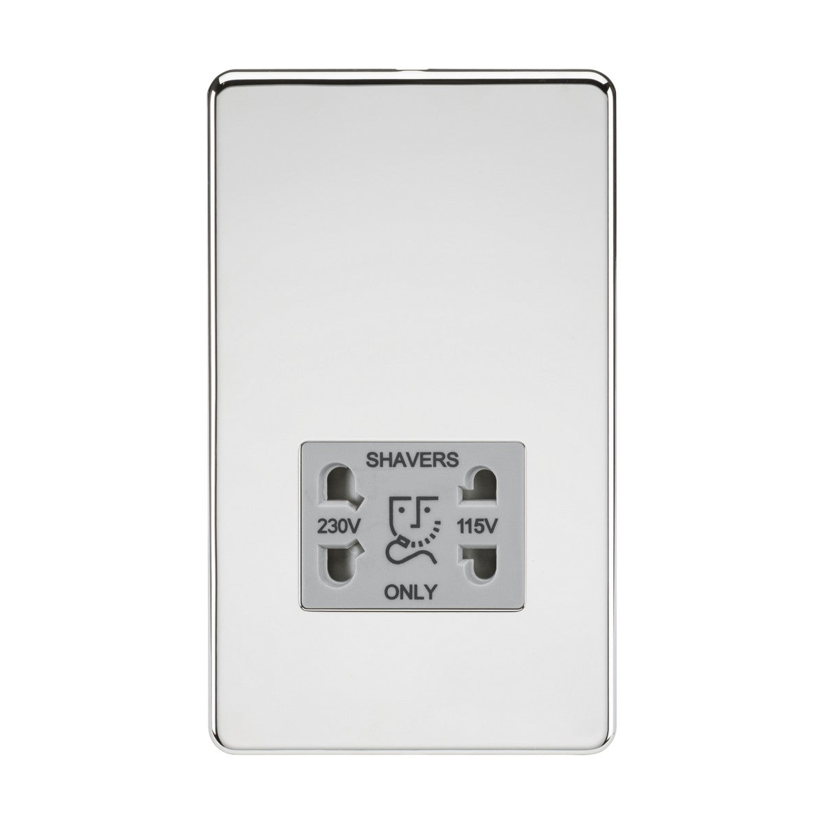 Introducing the 115/Dual Voltage Shaver Socket in polished chrome, complete with a grey insert and screwless design. This sleek outlet is labeled "SHAVERS ONLY" and supports dual voltage options of 230V and 115V. It features two round pinholes and a central flat pinhole, specifically designed for shaver plugs.